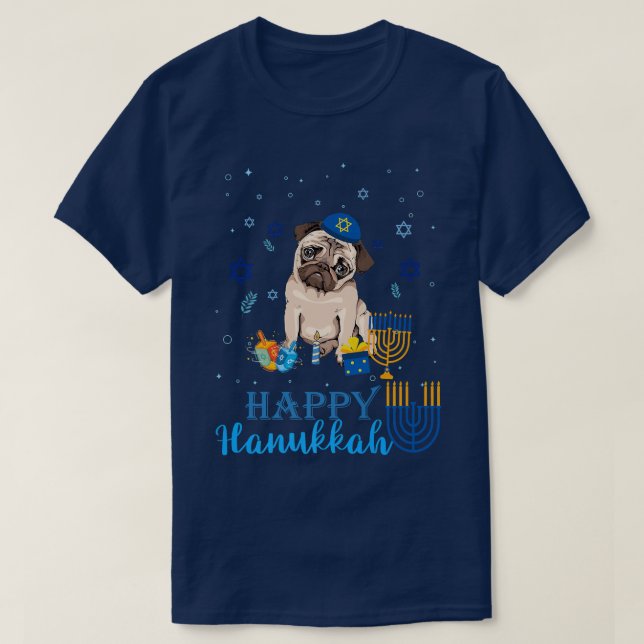 Jewish Pug Dog Menorah Hat Chanukah Hanukkah Chris T-Shirt (Design Front)