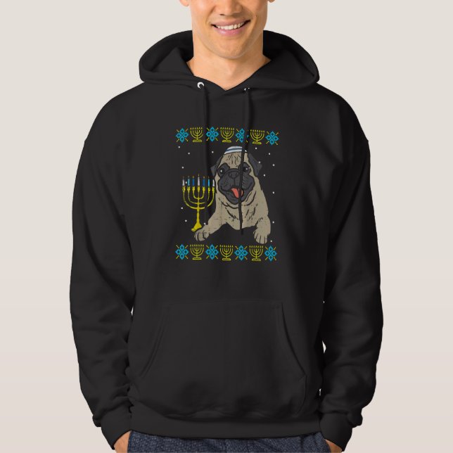 Jewish Pug Dog Menorah Ugly Hanukkah Pajamas Chanu Hoodie (Front)