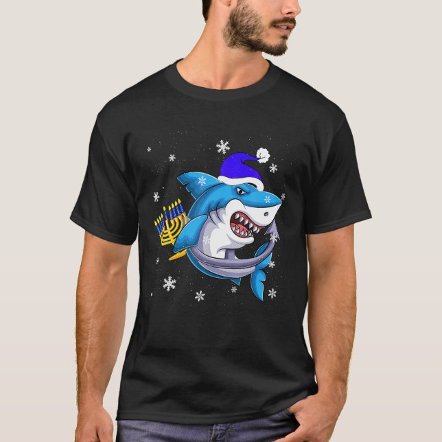 Jewish Shark Menorah Funny Hanukkah Chanukah Anima T-Shirt (Front)