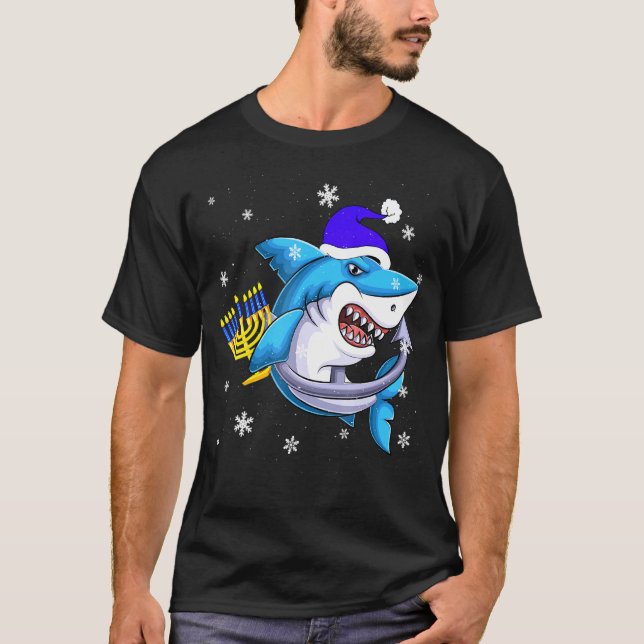 Jewish Shark Menorah  Hanukkah Chanukah Animal T-Shirt (Front)