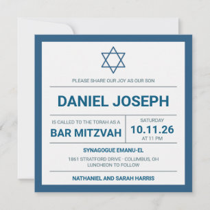 Jewish star blue framed Bar Mitzvah Invitation