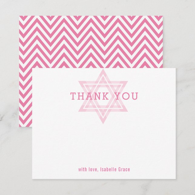 JEWISH STAR modern bat mitzvah girl pink thank you Invitation (Front/Back)