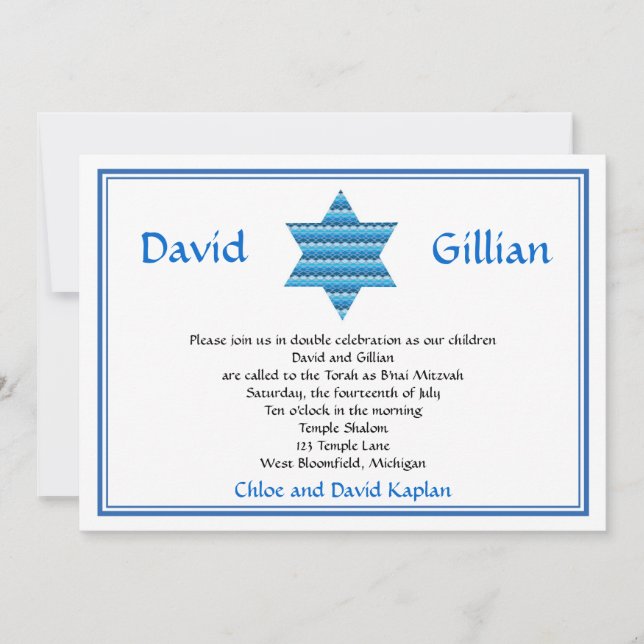 Jewish Star of David Twins Bar Mitzvah Invitation (Front)