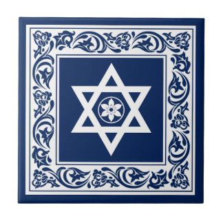 Jewish Star of David White with Blue Baroque Tile