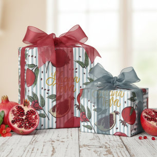 Jewish Striped Blue Shanah Tovah Pomegranate Wrapping Paper