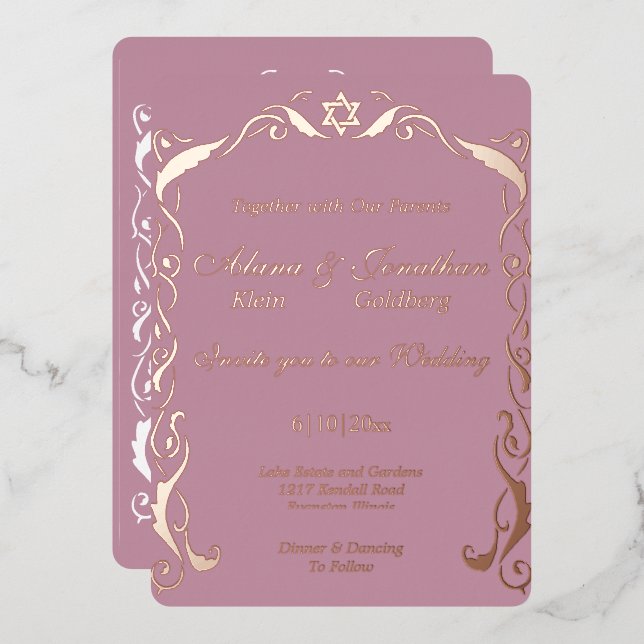 Jewish Swirl frame wedding Foil Invitation (Front/Back)