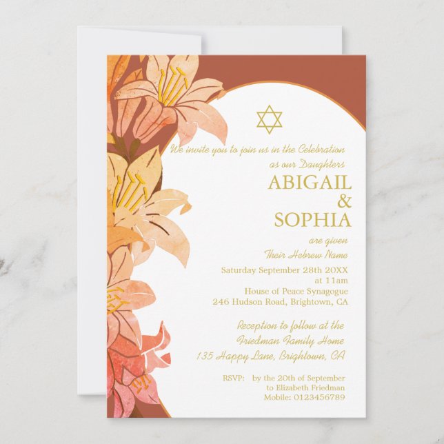 Jewish Twin Girls Floral Naming Terracotta Hebrew Invitation (Front)