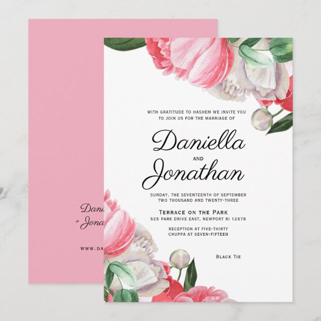 Jewish Wedding Elegant Watercolor Floral Invitatio Invitation (Front/Back)