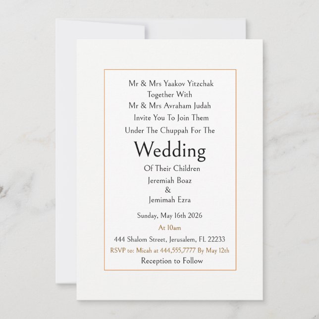 Jewish Wedding Invite Traditional Modern Simple  (Front)