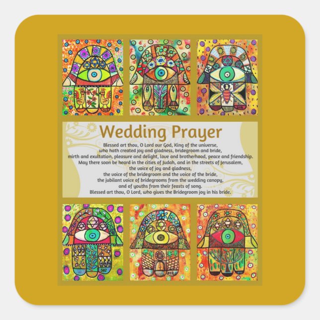 Jewish Wedding Prayer Golden Hamsa Square Sticker (Front)
