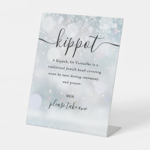 Jewish Winter Wedding Kippot Script Yarmulke Pedestal Sign