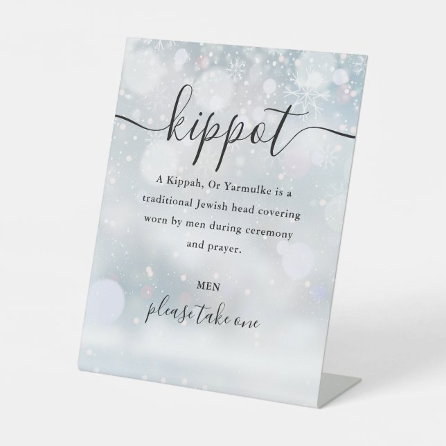 Jewish Winter Wedding Kippot Script Yarmulke Pedestal Sign (Front)