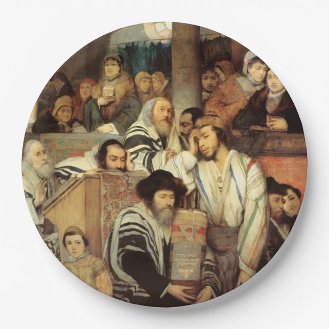 Jews Praying in the Synagogue on Yom Kippur Paper Plate (Front)