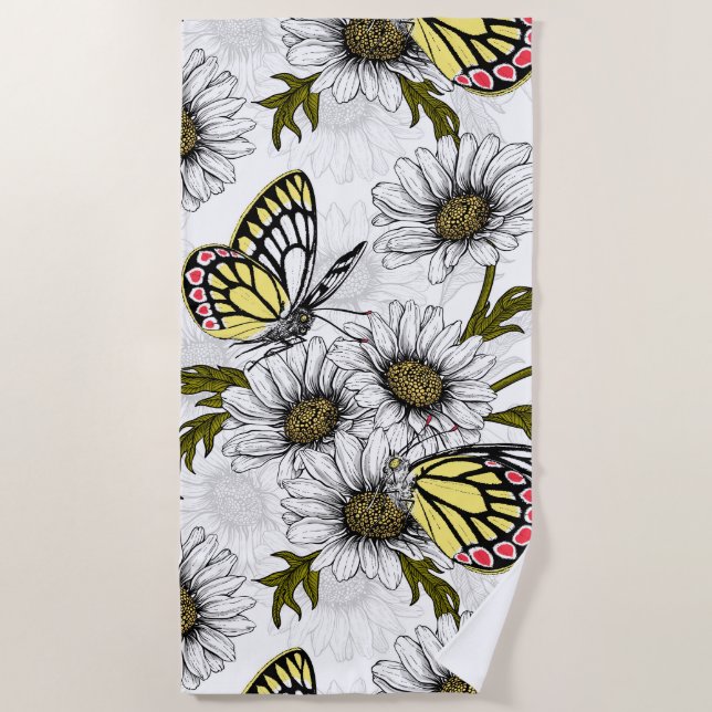 Jezebel butterflies and daisy flowers on white beach towel (Front)