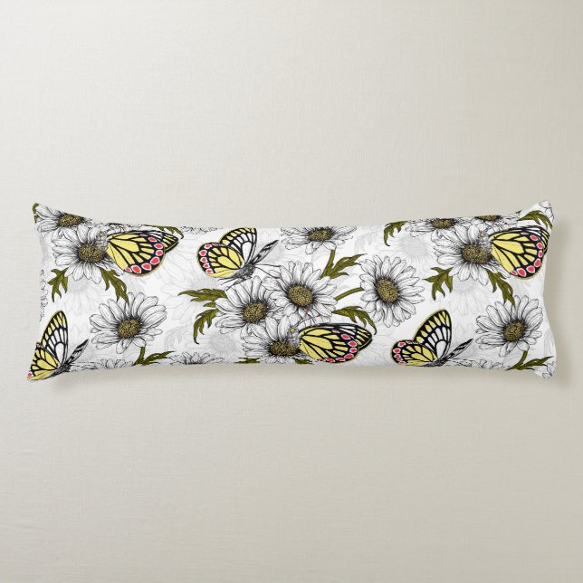 Jezebel butterflies and daisy flowers on white body cushion (Front)
