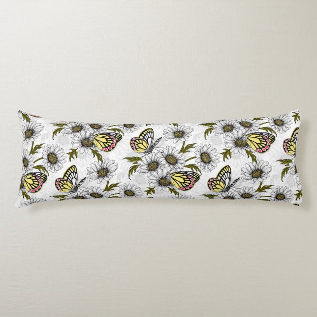 Jezebel butterflies and daisy flowers on white body cushion (Front)