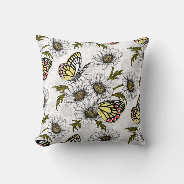 Jezebel butterflies and daisy flowers on white cushion (Front)