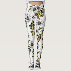 Jezebel butterflies and daisy flowers on white leggings