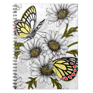 Jezebel butterflies and daisy flowers on white notebook