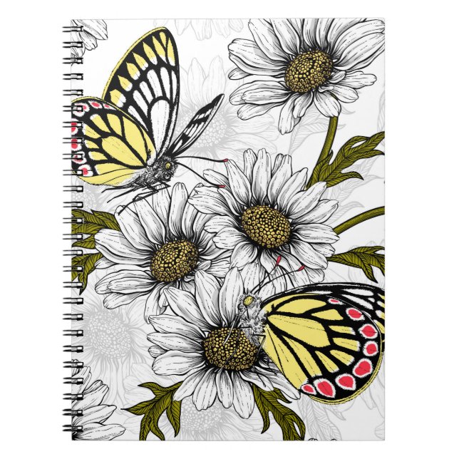 Jezebel butterflies and daisy flowers on white notebook (Front)
