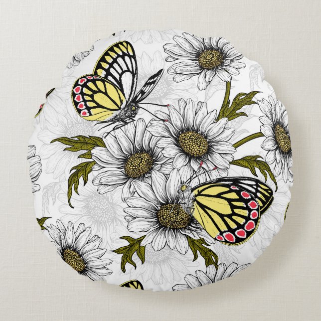 Jezebel butterflies and daisy flowers on white round cushion (Front)