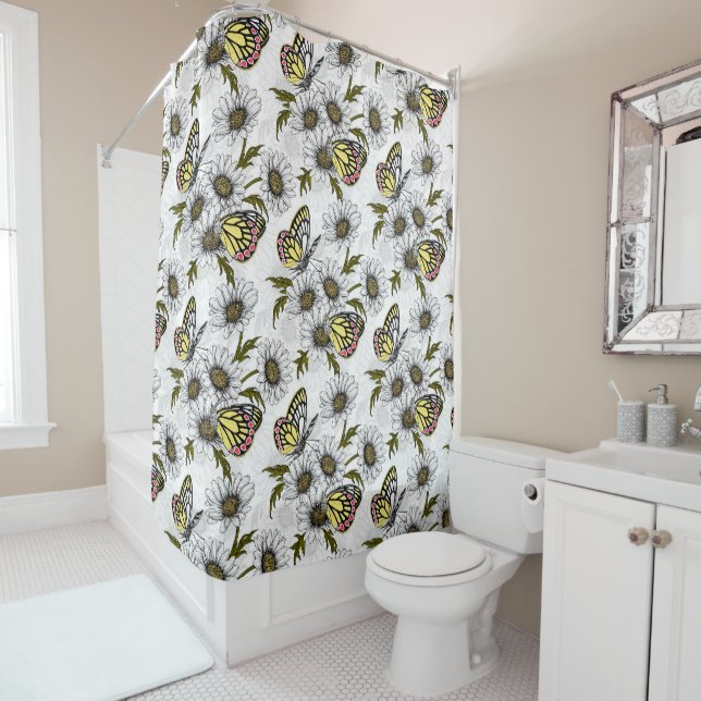 Jezebel butterflies and daisy flowers on white shower curtain (In Situ)