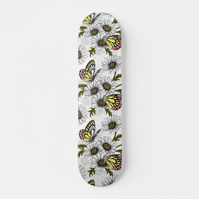 Jezebel butterflies and daisy flowers on white skateboard (Front)