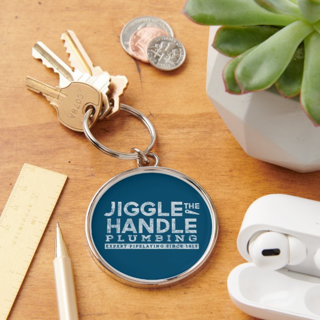 Jiggle the Handle Plumbing White Gfx Teal BG Key Ring (Desk)