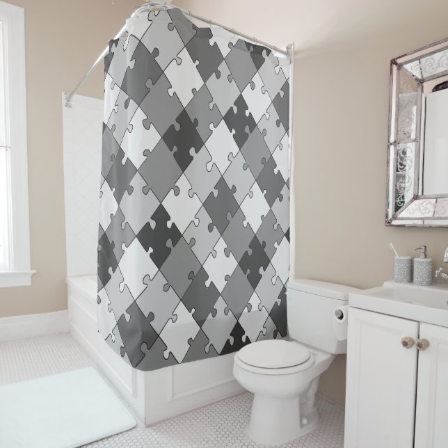 Jigsaw Puzzle Diagonal Grey Tones Shower Curtain (In Situ)
