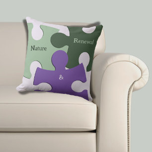 Jigsaw Puzzle Pieces Nature & Renewal Green Purple Cushion