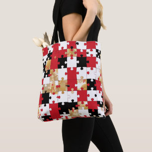 Jigsaw Puzzle Red Black Gold Pattern Tote Bag