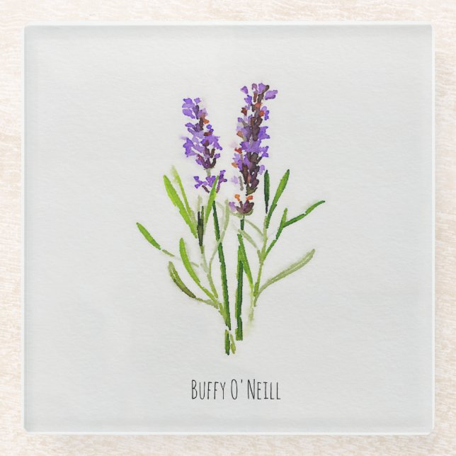 Jilly's Botanical Lavender Watercolor Glass Coaster (Front)