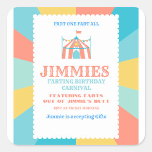 Jimmie's Birthday Blast Hilarious Farting Butt Square Sticker