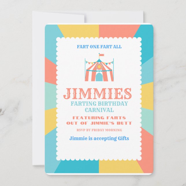 Jimmies Farting Birthday Carnival  Invitation (Front)