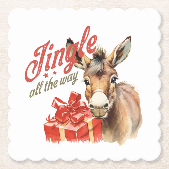 Jingle All the Way Christmas Farm Donkey Paper Coaster (Front)