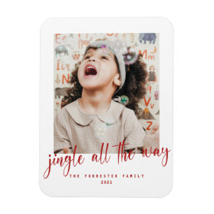 Jingle All The Way Red Script Photo Holiday Card Magnet
