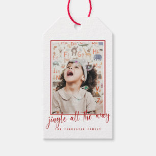 Jingle All The Way Red Script Photo Holiday  Gift Tags