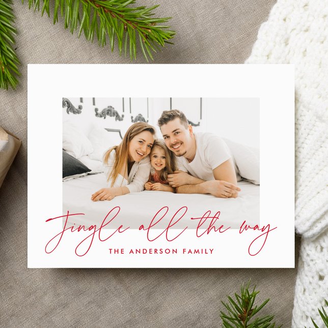 Jingle All The Way Red Script Photo Holiday Postcard (Creator Uploaded)
