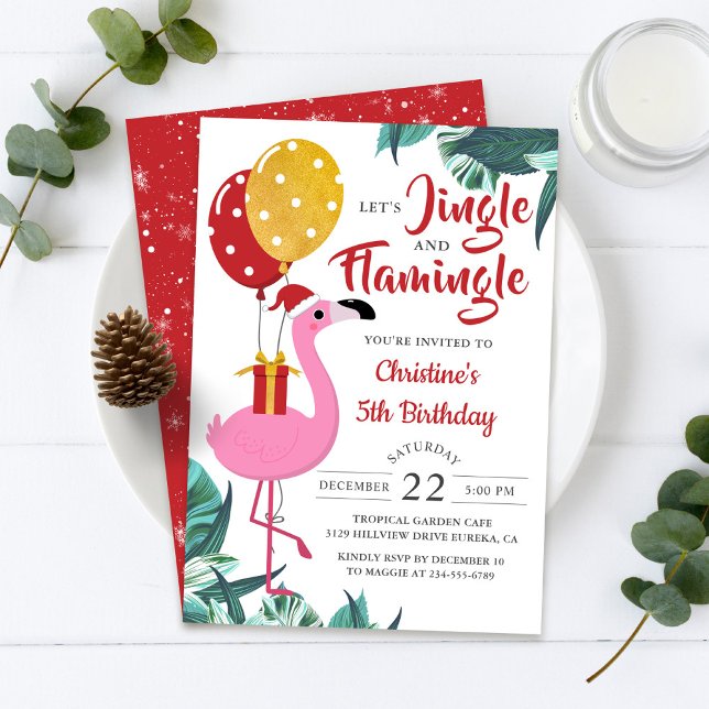 Jingle and Flamingo Tropical Christmas Birthday Invitation (Creator Uploaded)