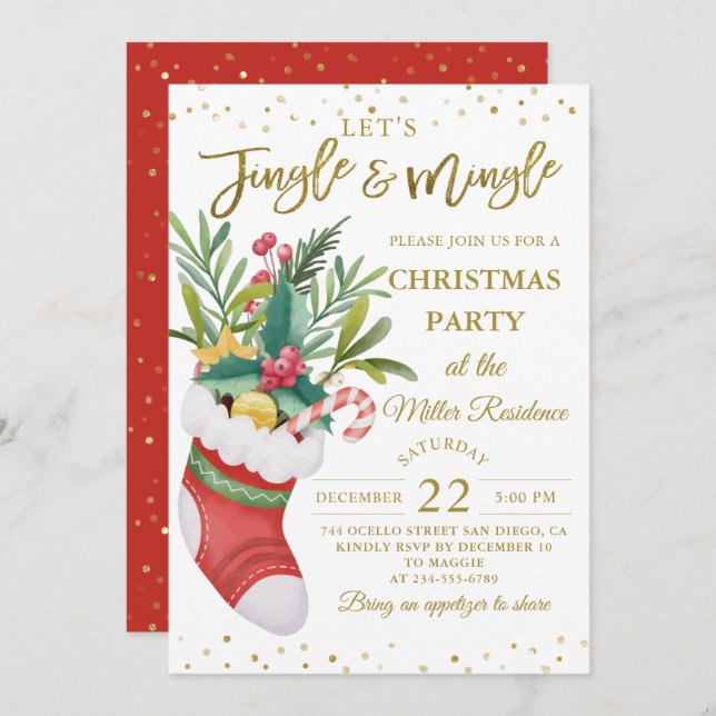 Jingle and Mingle Christmas Bouquet Sock Holiday Invitation (Front/Back)