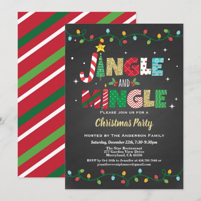 Jingle and Mingle Christmas Party black and gold Invitation (Front/Back)