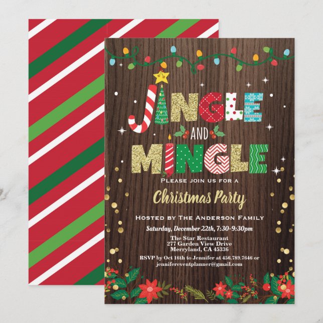 Jingle and Mingle Christmas Party rustic wood gold Invitation (Front/Back)