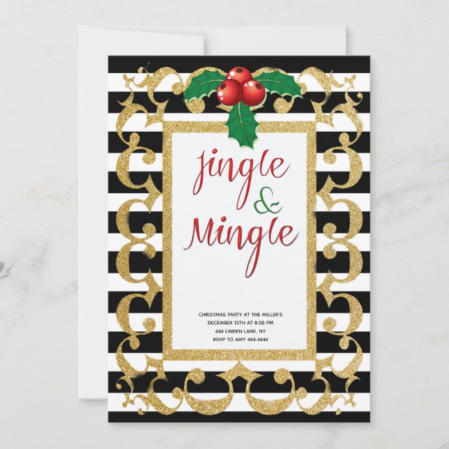 Jingle and Mingle gold glitter holiday party Invitation (Front)