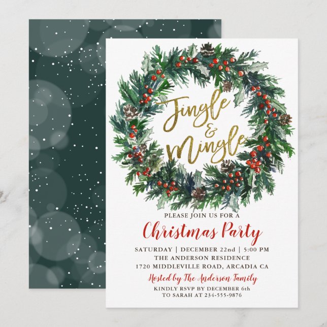 Jingle and Mingle Holly Berries Christmas Party Invitation (Front/Back)