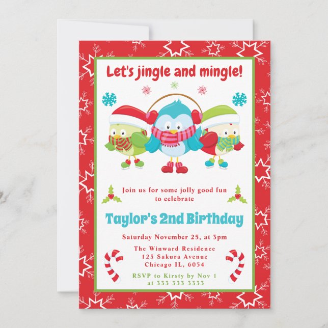 Jingle and Mingle Owls Christmas Kids Birthday Invitation (Front)