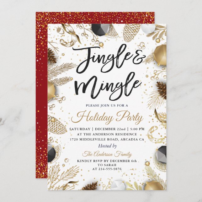 Jingle and Mingle Red Gold Holiday Party Invitation (Front/Back)