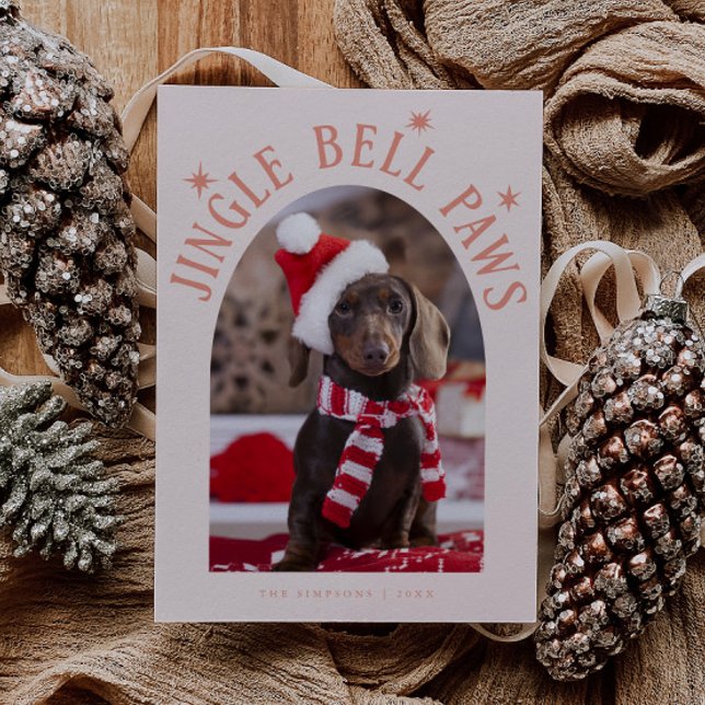 Jingle Bell Paws Dog Photo Peach Christmas Holiday Card (Creator Uploaded)