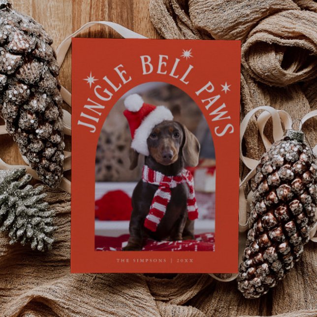 Jingle Bell Paws Dog Photo Red Christmas Holiday Card (Creator Uploaded)