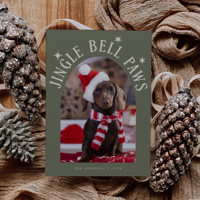 Jingle Bell Paws Dog Photo Sage Green Christmas Holiday Card (Creator Uploaded)