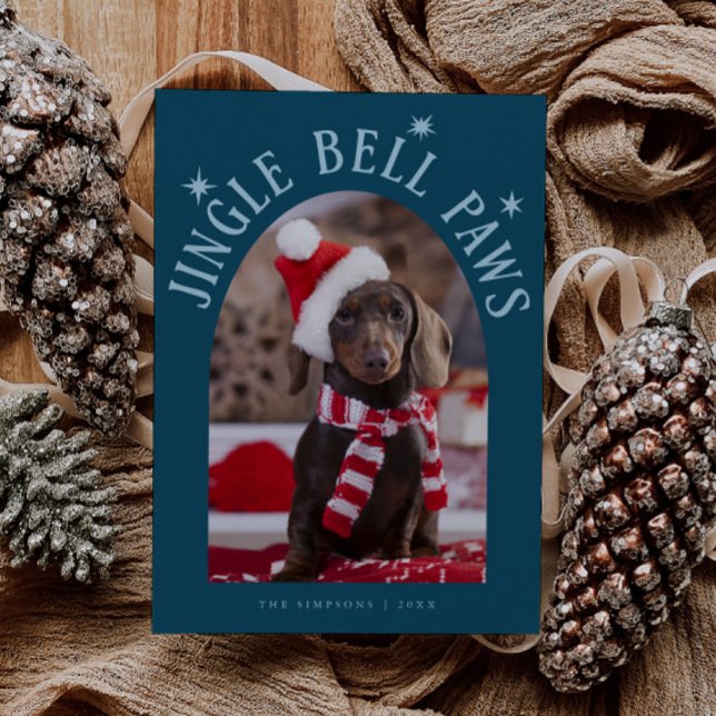 Jingle Bell Paws Dog Photo Teal Christmas Holiday Card (Creator Uploaded)